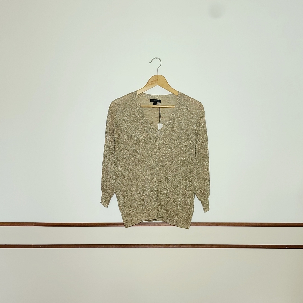 JCrew; Metalic Gold Knit V-neck Longsleeve Sweater Top